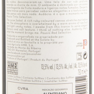 Etiqueta de vinho tinto Pousio Selection com detalhes da produção e descrição do aroma e sabor do vinho