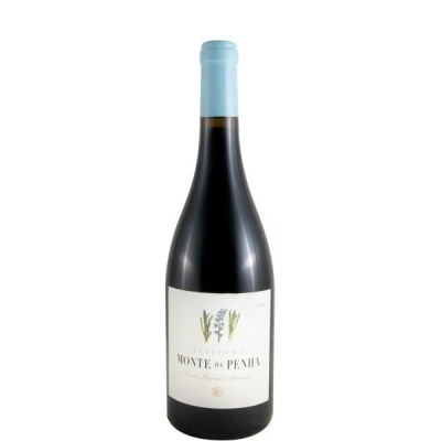 Garrafa de vinho tinto com rótulo branco e tampa azul clara