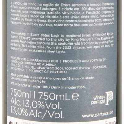 Etiqueta de vinho branco Foral Évora 2023 com texto informativo e selo de origem Alentejo