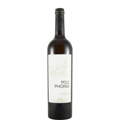 Garrafa de vinho tinto Poli Phonia com rótulo branco e tampa preta