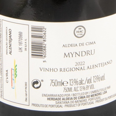 Etiqueta de vinho branco MYNDRU 2022 com informações do produtor e teor alcoólico