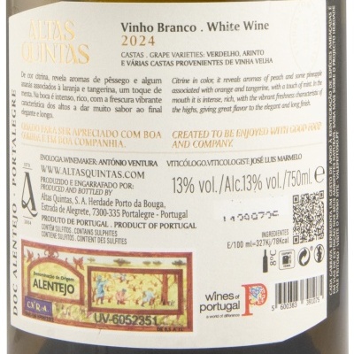 Etiqueta de vinho branco Altas Quintas 2024 com informações em português e inglês