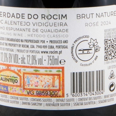 Etiqueta de vinho espumante rosé Herdade do Rocim, produção Alentejo Vidigueira, 750ml