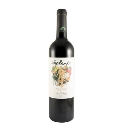 Garrafa de vinho tinto Implanté Pied Blend 2022 com rótulo branco e ilustração colorida