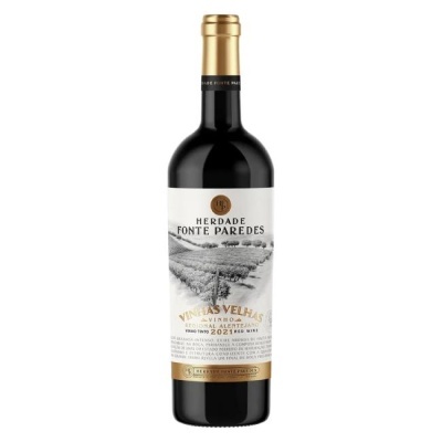 Garrafa de vinho tinto Herdade Fonte Paredes 2021 com rótulo branco e cápsula dourada.