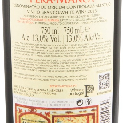 Rótulo de vinho branco Pêra-Manca 2023 do Alentejo com informação detalhada e código de barras