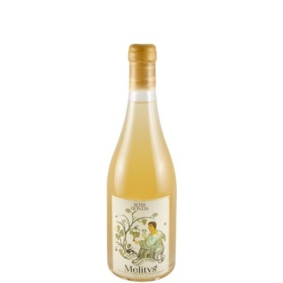 Garrafa de vinho branco com rótulo ilustrado e tampa dourada