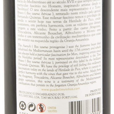Rótulo de vinho tinto Herdade do Pico 2022 D.O.C. Alentejo com texto e selo Denominação de Origem