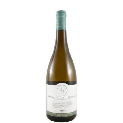 Garrafa de vinho branco Herdade dos Oliveiras 2022 com rótulo branco e verde