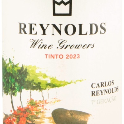 Rótulo de vinho tinto Reynolds 2023 com ilustração de vinha e texto