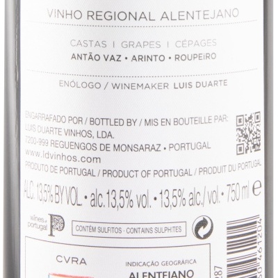 Etiqueta de vinho branco ARTEFACTO 2022 de 750 ml com castas Antão Vaz, Arinto e Roupeiro e teor alcoólico 13,5%.