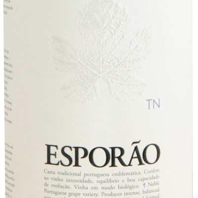 Garrafa de vinho ESPORÃO Touriga-Nacional 2023 com rótulo branco e texto