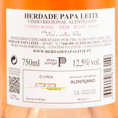 Etiqueta de vinho rosé Herdade Papa Leite, 750 ml, Alentejo, Portugal