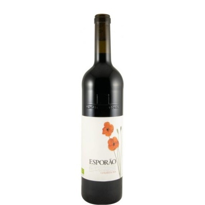 Garrafa de vinho Esporão com rótulo branco e flores vermelhas