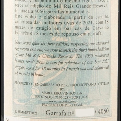 Rótulo de vinho tinto Mil Reis Syrah 2021 com detalhes de produção e lote