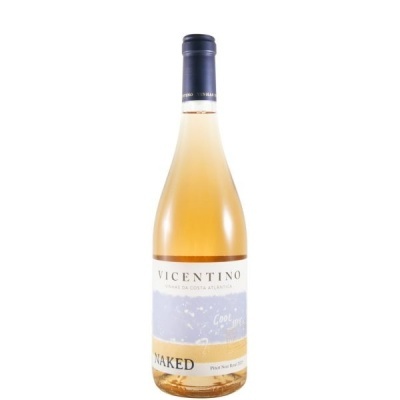 Garrafa de vinho rosé Vicentino Naked com rótulo branco, azul e amarelo
