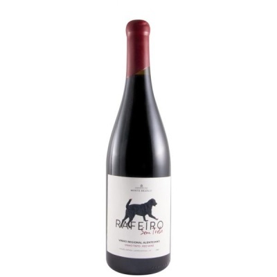 Garrafa de vinho tinto com rótulo de cão preto e texto Rafeiro Sem Trela.