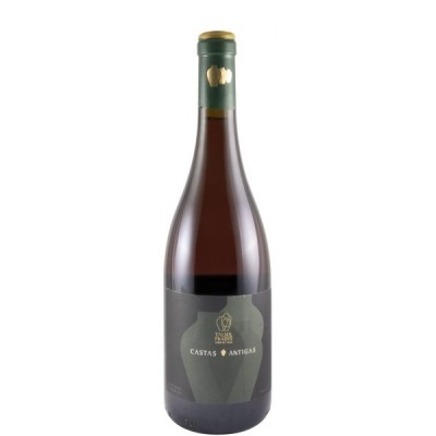 Garrafa de vinho castanho com rótulo escuro e tampa verde