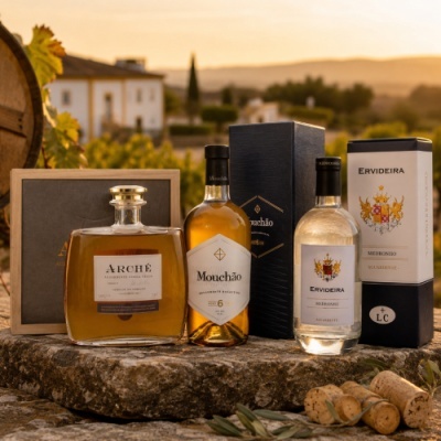 Quatro garrafas de bebidas alcoólicas e caixas expostas em pedra rústica ao ar livre com vinhas ao fundo.