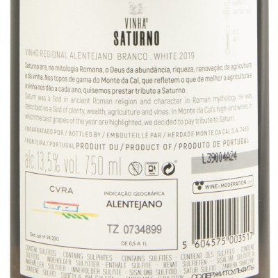 Rótulo de vinho branco Vinha de Saturno com descrição e informações em várias línguas