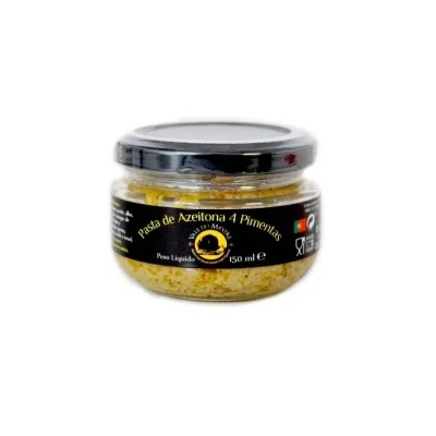 Frasco de pasta de azeitona com tampa preta e etiqueta preta e dourada.