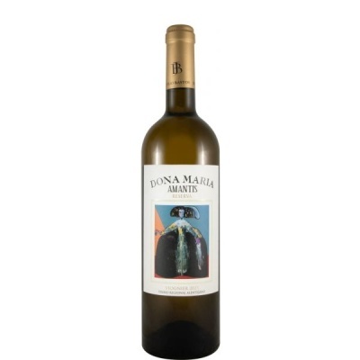 Garrafa de vinho Dona Maria Amantis Reserva com rótulo branco e imagem colorida