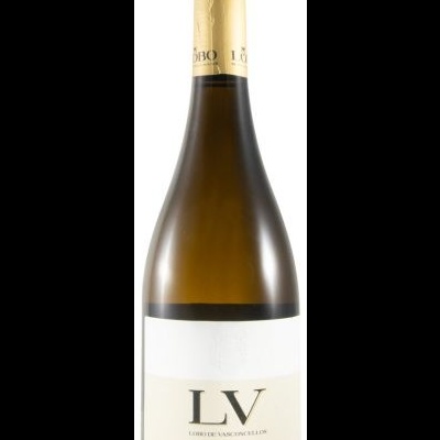 Garrafa de vinho branco com rótulo branco e cápsula dourada