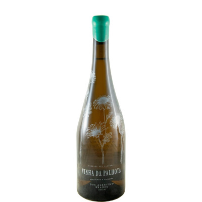 Garrafas de vinho branco Vinha da Palhota com tampo verde e rótulo floral