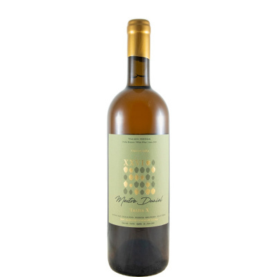 Garrafa de vinho branco com rótulo verde claro e tampa dourada