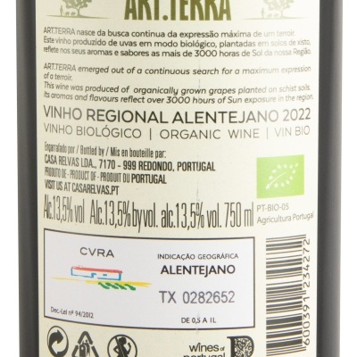 Etiqueta de vinho ART.TERRA Regional Alentejano 2022 vinho biológico com informações de produção e certificação orgânica
