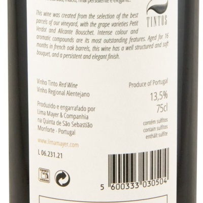 Etiqueta de garrafa de vinho tinto com descrição detalhada e informações de produção.