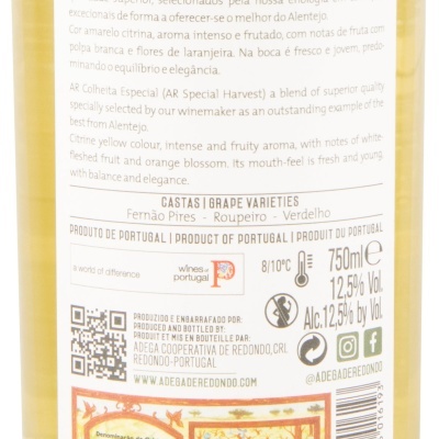Etiqueta de vinho branco AR Colheita Especial 2023 Alentejo DOC com texto em português, inglês e várias informações técnicas