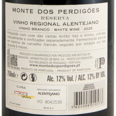 Etiqueta de vinho branco Monte dos Perdigões Reserva, Vinho Regional Alentejano, 2025, álcool 12%, 750ml