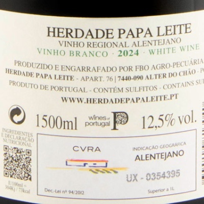 Etiqueta de vinho branco Herdade Papa Leite 2024, 1500ml, 12,5% vol, Alentejo