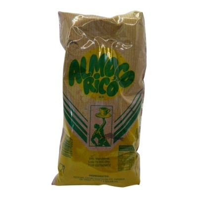 Pacote amarelo e verde de ALMÔCO RICO com imagem de figura segurando bandeja