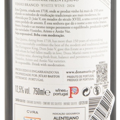Etiqueta traseira de garrafa de vinho branco Dona Maria com texto em português e inglês
