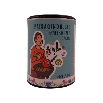 Tempero para carne com rótulo azul e ilustração de pessoa a cozinhar.