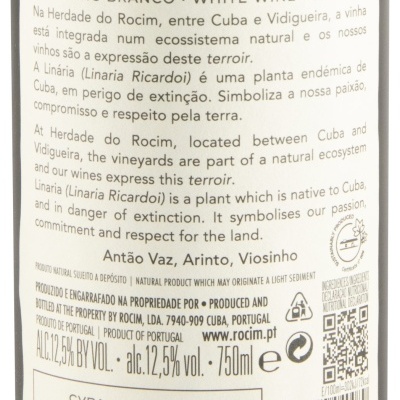 Rótulo de vinho branco Herdade do Rocim da região Alentejana com informação detalhada e código QR.