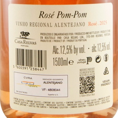 Rótulo traseiro de garrafa de vinho rosé Pom-Pom com informações e códigos