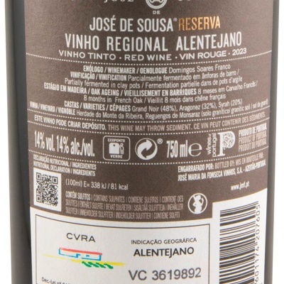Etiqueta de vinho José de Sousa Reserva Vinho Regional Alentejano 2023 com informações detalhadas de produção
