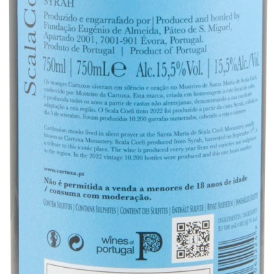 Rótulo azul de vinho tinto da região do Alentejo com informações detalhadas e código QR