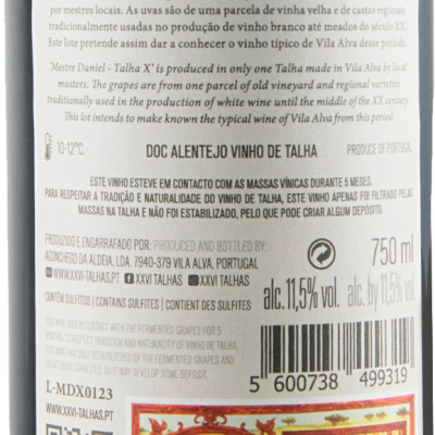 Rótulo de vinho branco Mestre Daniel Talha X 2023, 11,5% álcool, 750 ml, DOC Alentejo, texto informativo em português e inglês.