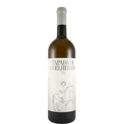 Garrafa de vinho branco com rótulo branco e desenho pontilhado