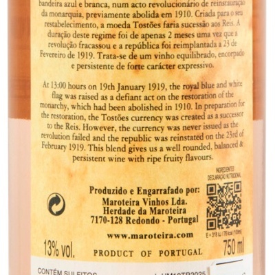 Etiqueta de vinho rosé Dez Tostões 2025 do Alentejo com texto informativo e código de barras.