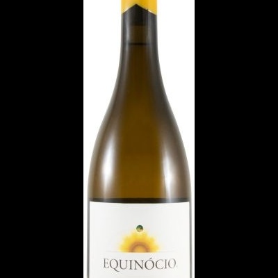Garrafa de vinho branco com rótulo de girassol e texto Equinócio 2024