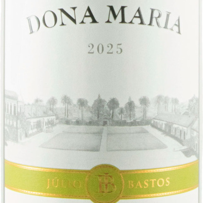 Rótulo de vinho DONA MARIA 2025 com ilustração e faixa verde e dourada