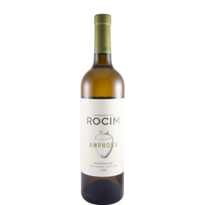 Garrafa de vinho branco Herdade do Rocim Amphora 2022 Alentejo DOC com rótulo branco e cápsula verde
