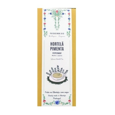 Embalagem de infusão biológica de hortelã-pimenta com ilustrações florais e chávena de chá