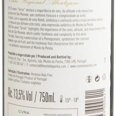 Rótulo de vinho tinto reserva Monte da Penha Terroir 2015 com texto, códigos e informações de produção