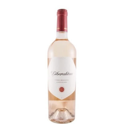 Garrafa de vinho rosé Liberalitas com rótulo branco e selo vermelho